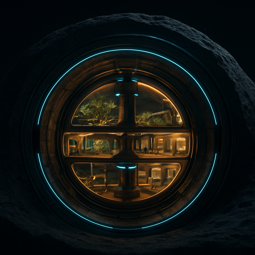 Technical cutaway of a rotating artificial-gravity gyre habitat module inside a buried lunar dome, showing interior decks with greenery and living quarters surrounded by thick regolith shielding.