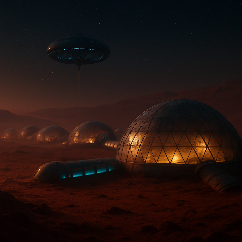 Multiple connected regolith-buried Terra-Dome habitats on the red Martian surface at dusk, linked by tunnels, with a tethered rotating gyre module visible above.