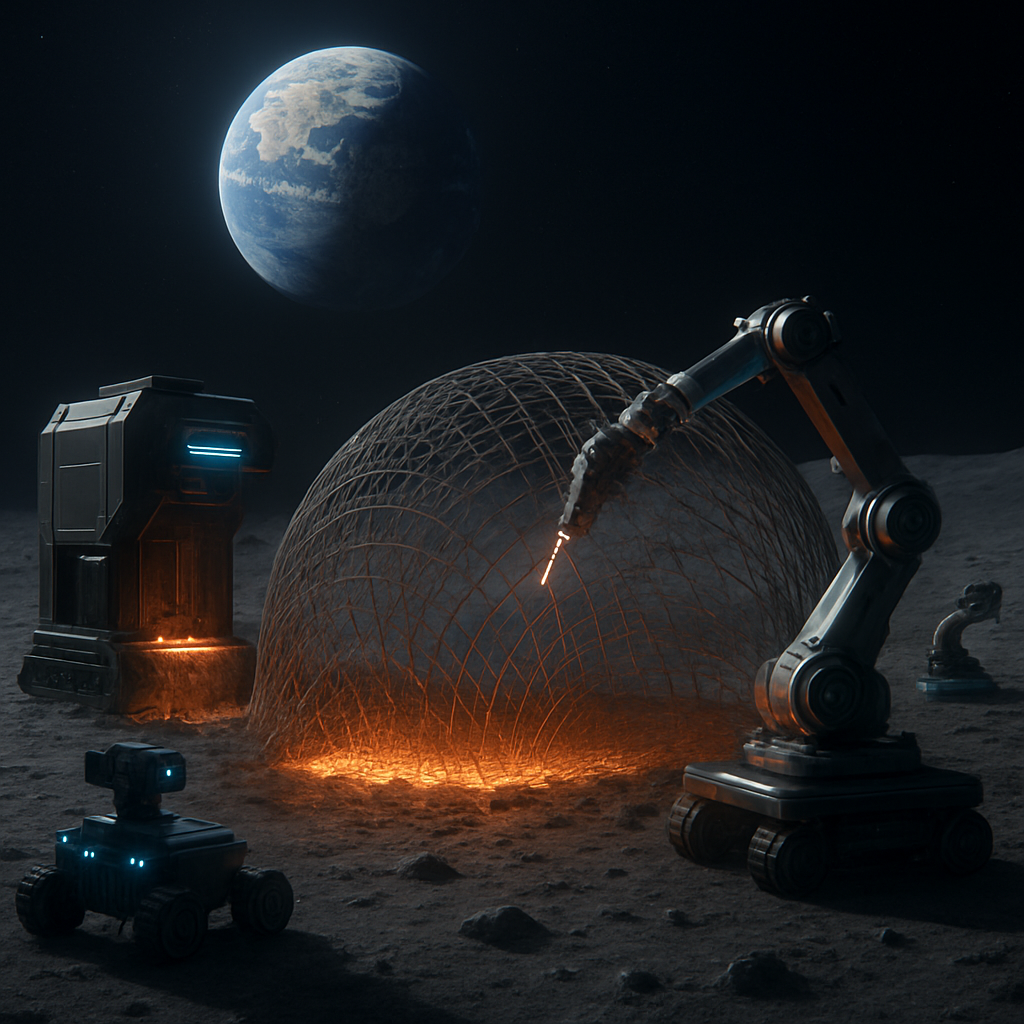 Autonomous robots and 3D printers sintering lunar regolith and weaving basalt fiber to construct a dome habitat shell on the Moon, with Earth in the dark sky.